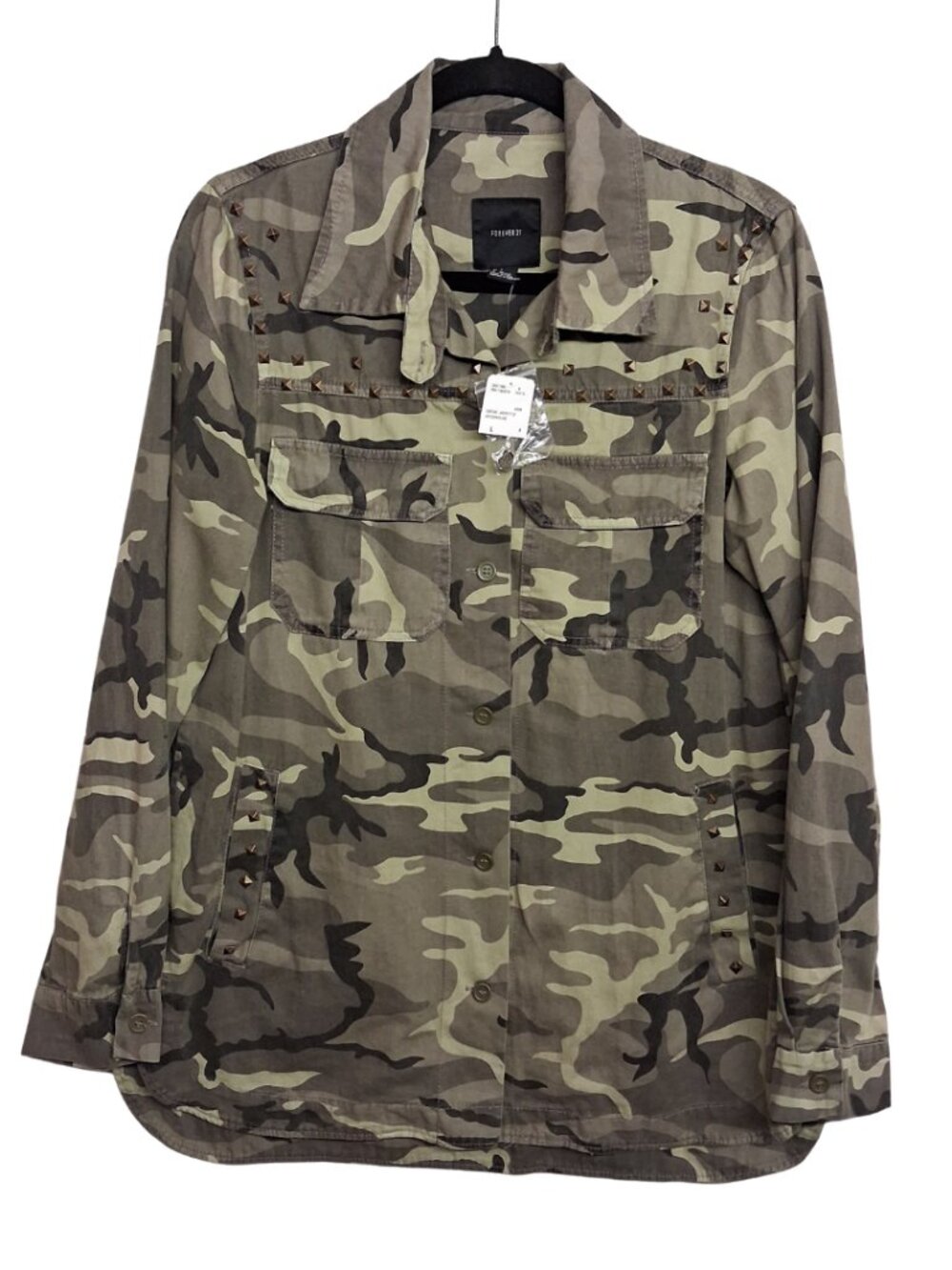 FOREVER 21 Camo Jacket Studded Button Up Green Brown Print Large NWT